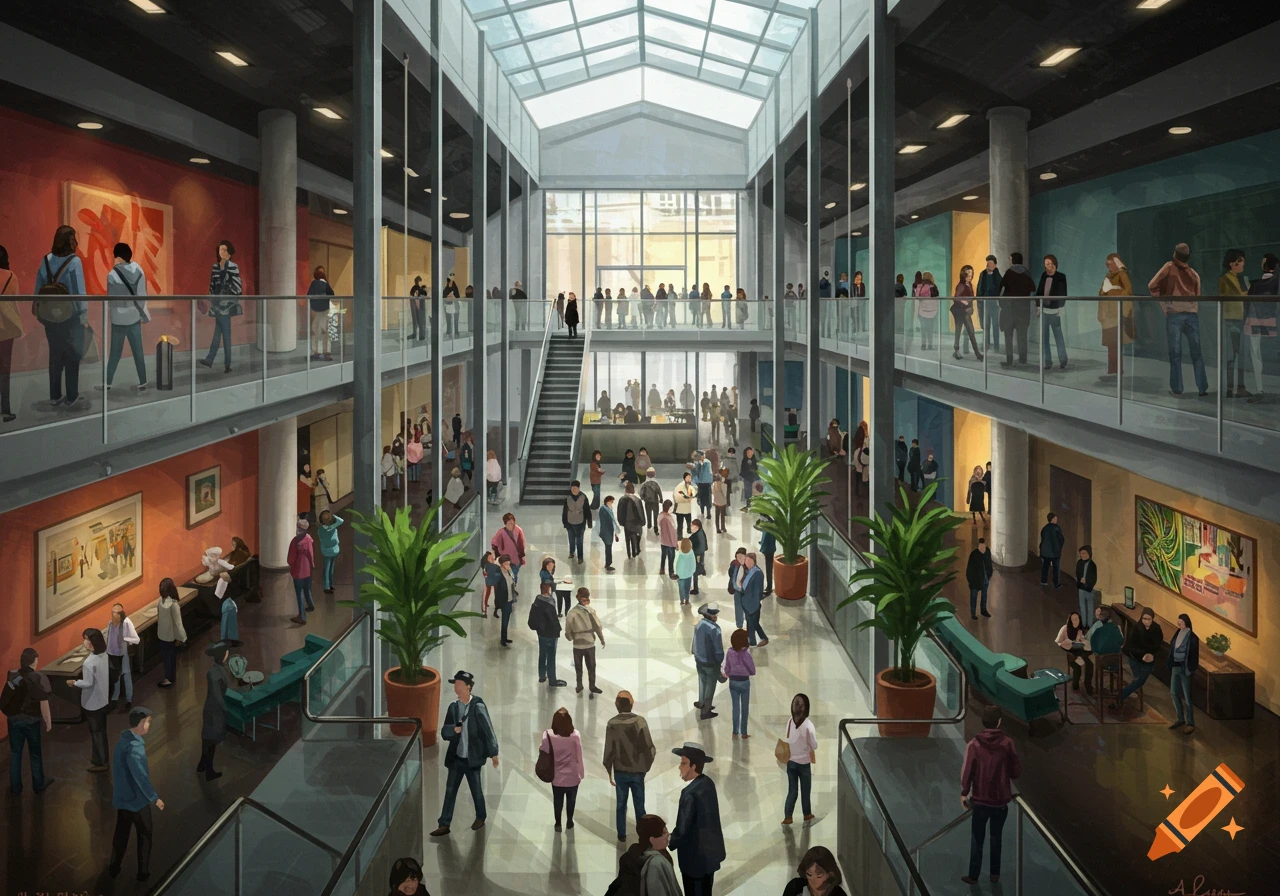 A wide-angle illustration of a multi-story modern art gallery or museum atrium filled with many people.