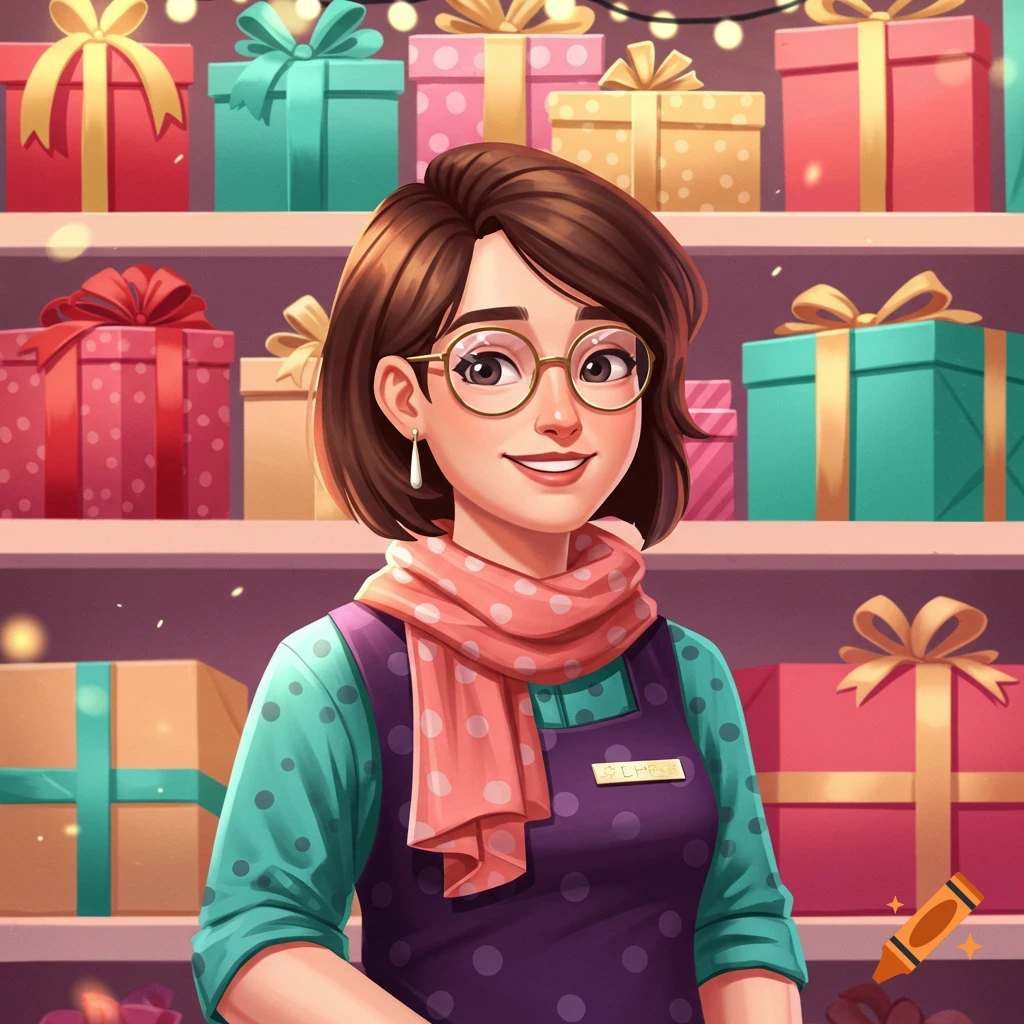 An illustration of a smiling woman with glasses and a polka-dot scarf, wearing an apron, standing in front of shelves filled with colorful wrapped gifts.