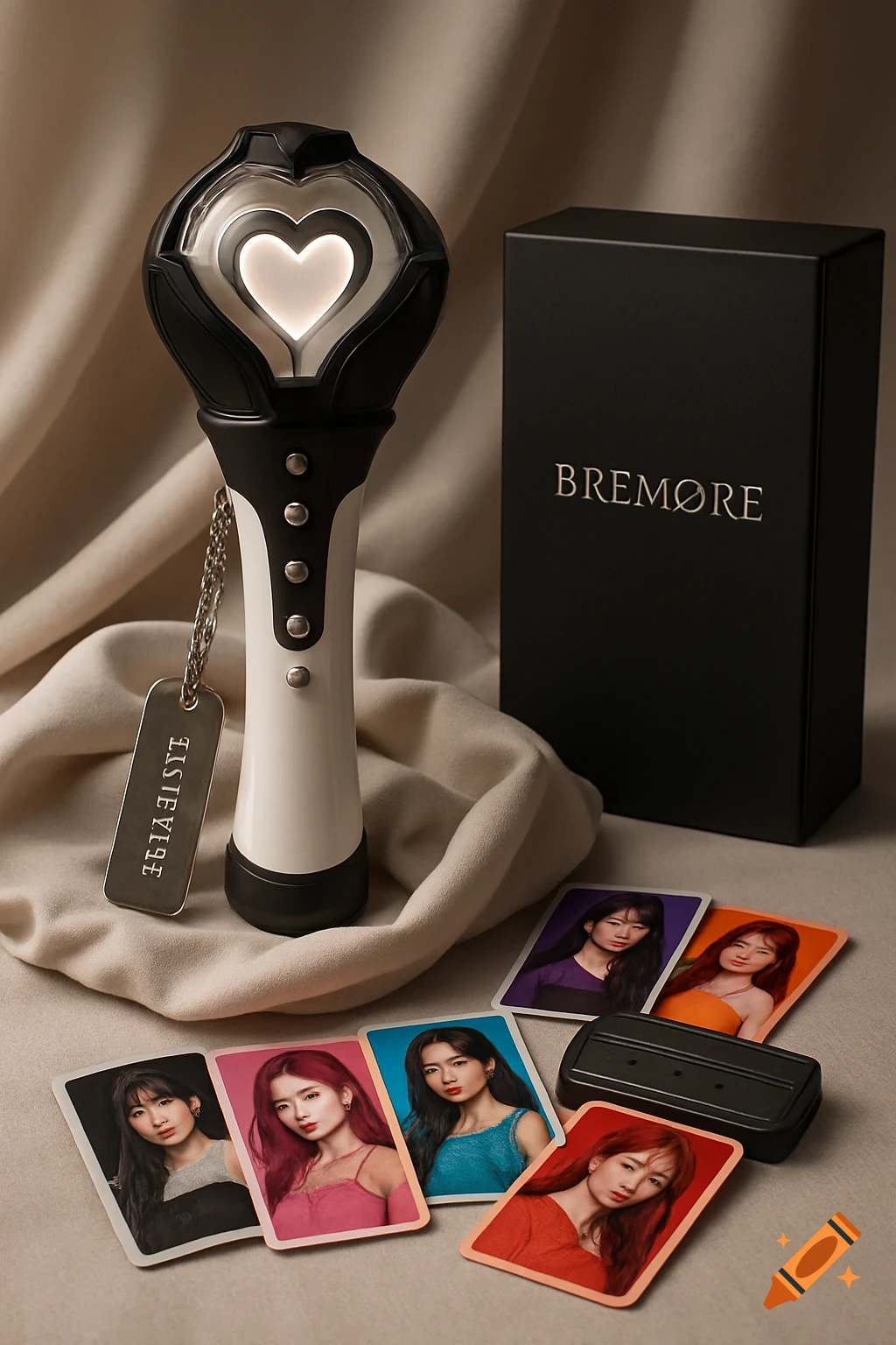 A white and black kpop lightstick with a glowing heart, a black box with "BREMØRE" text, and several kpop cards featuring women, all on a draped fabric.