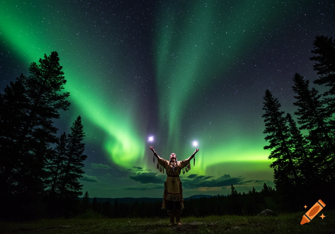 A person in traditional clothing with arms outstretched under a vibrant green aurora borealis night sky, surrounded by pine trees.