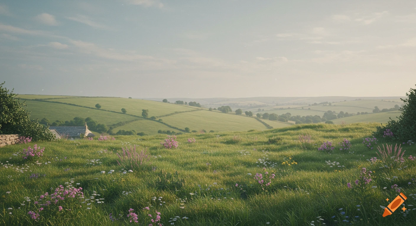 A serene photorealistic landscape of rolling green hills covered in wildflowers, with a small house nestled in the distance under a soft sky.