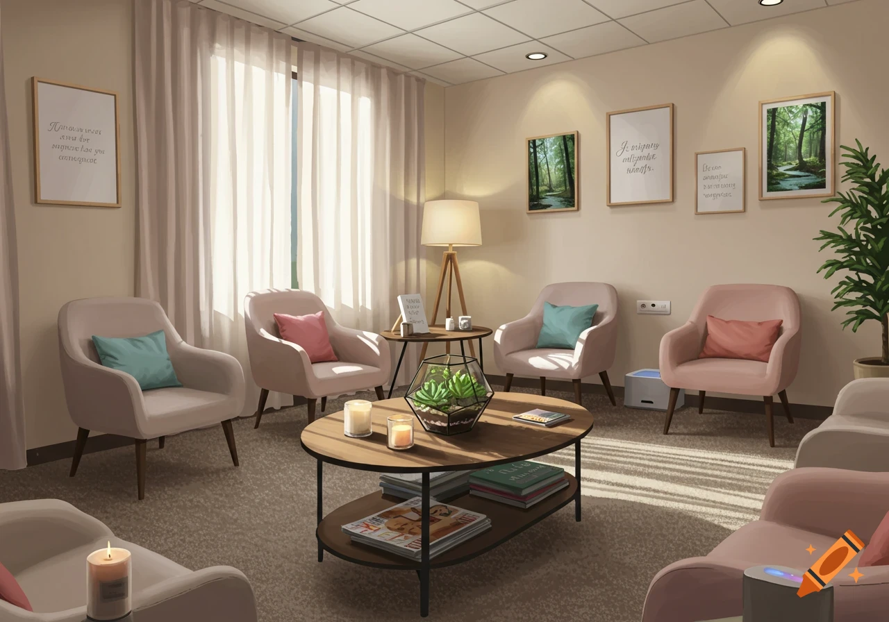 A well-furnished therapy waiting room with pink armchairs, a wooden coffee table with plants and magazines, and framed art on light-colored walls.