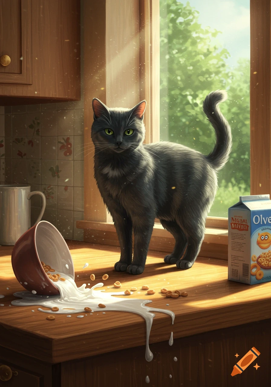A gray cat stands on a wooden kitchen counter next to spilled milk and cereal from an overturned bowl.