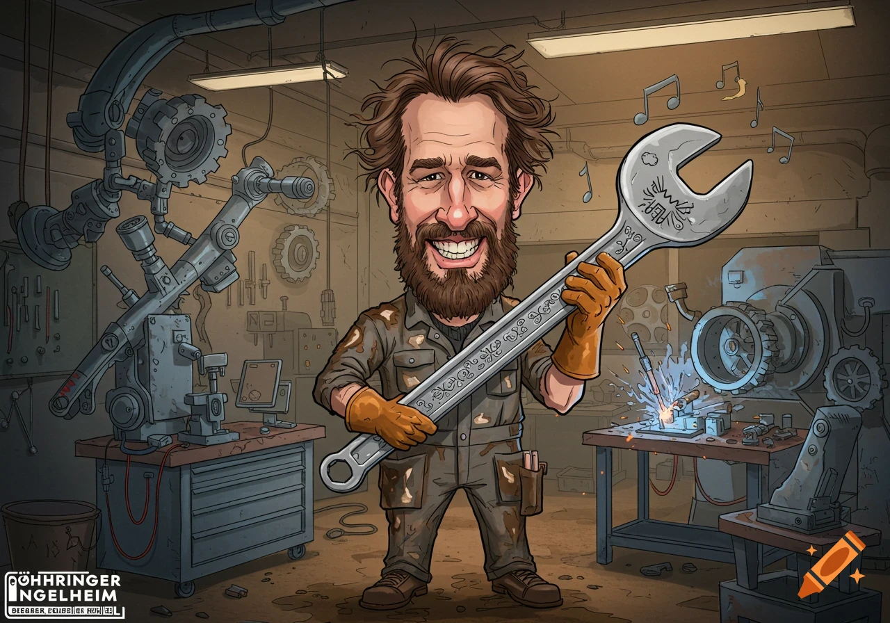 A cartoon caricature of a smiling, bearded man with messy brown hair, wearing a mechanic's jumpsuit and orange gloves, holding a large wrench in a busy workshop.