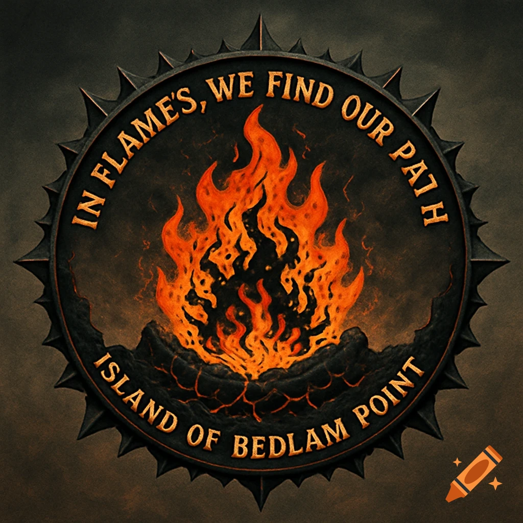 A dark, spiky circular emblem features a central bonfire with orange flames and text reading "In Flames, We Find Our Path" and "Island of Bedlam Point".