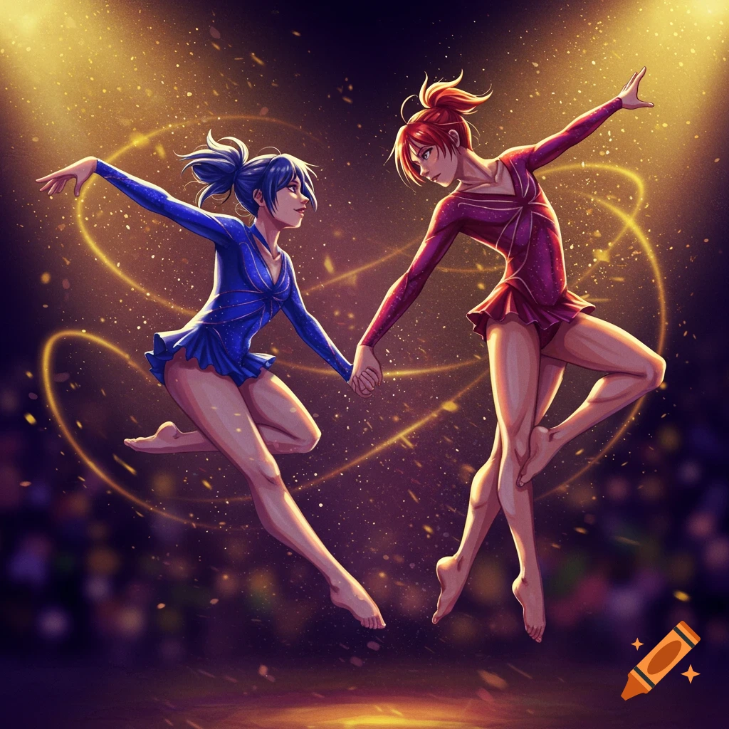 Two anime gymnasts in blue and pink leotards, holding hands and posing mid-air under a golden spotlight.