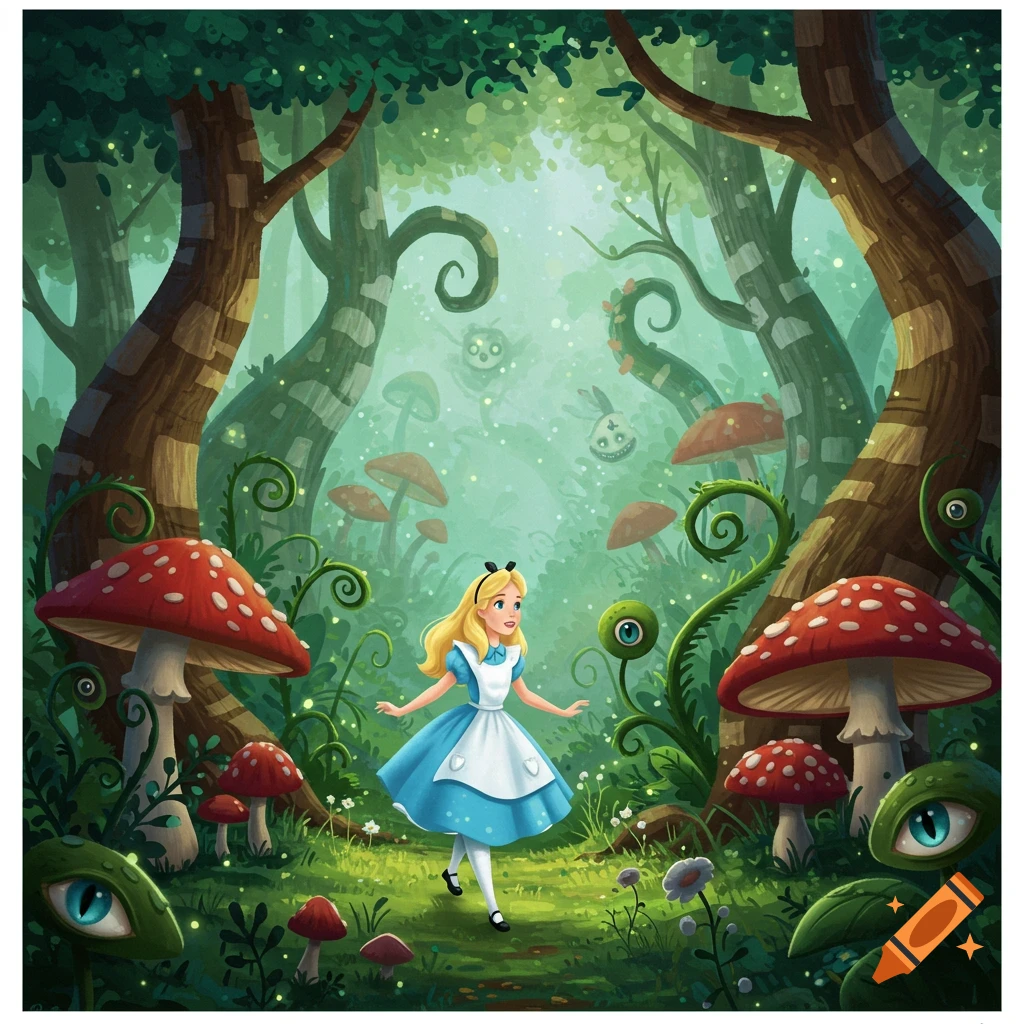 Alice in her blue dress walks through a whimsical, vibrant forest with large red mushrooms and fantastical creatures.