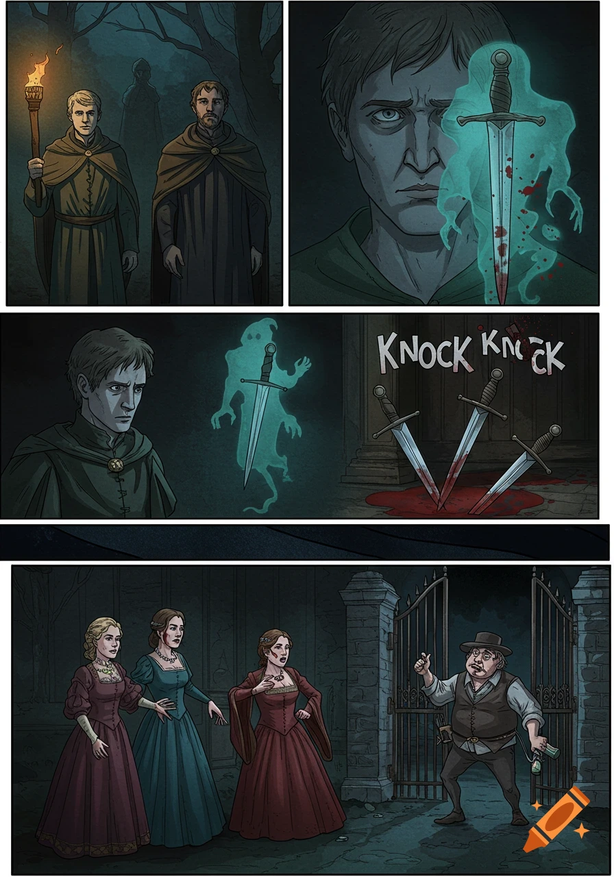 A multi-panel comic book illustration depicting a dark fantasy scene with cloaked figures, a ghostly bloody dagger, "KNOCK KNOCK" text, and a group of women confronting a porter at a gate.