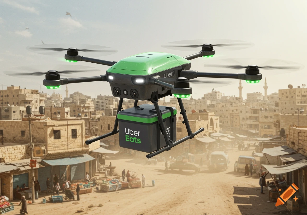 A photorealistic image of a green and black Uber Eats delivery drone flying over a sandy, densely packed Middle Eastern town.