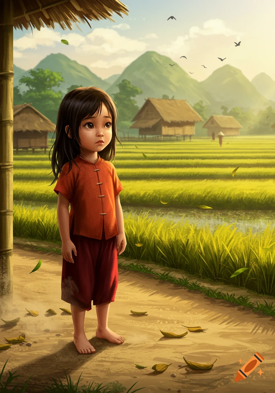 Illustrated young girl standing barefoot on a dirt path in a Vietnamese village with rice fields and mountains.
