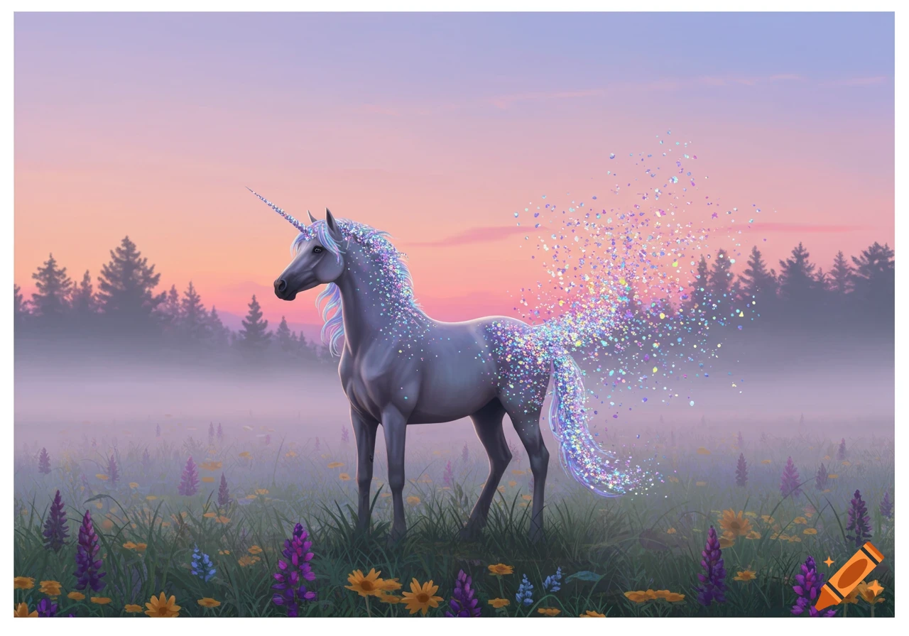 A majestic unicorn with a sparkling mane and tail, made of colorful glitter, stands in a misty field at sunrise, surrounded by wildflowers and trees.
