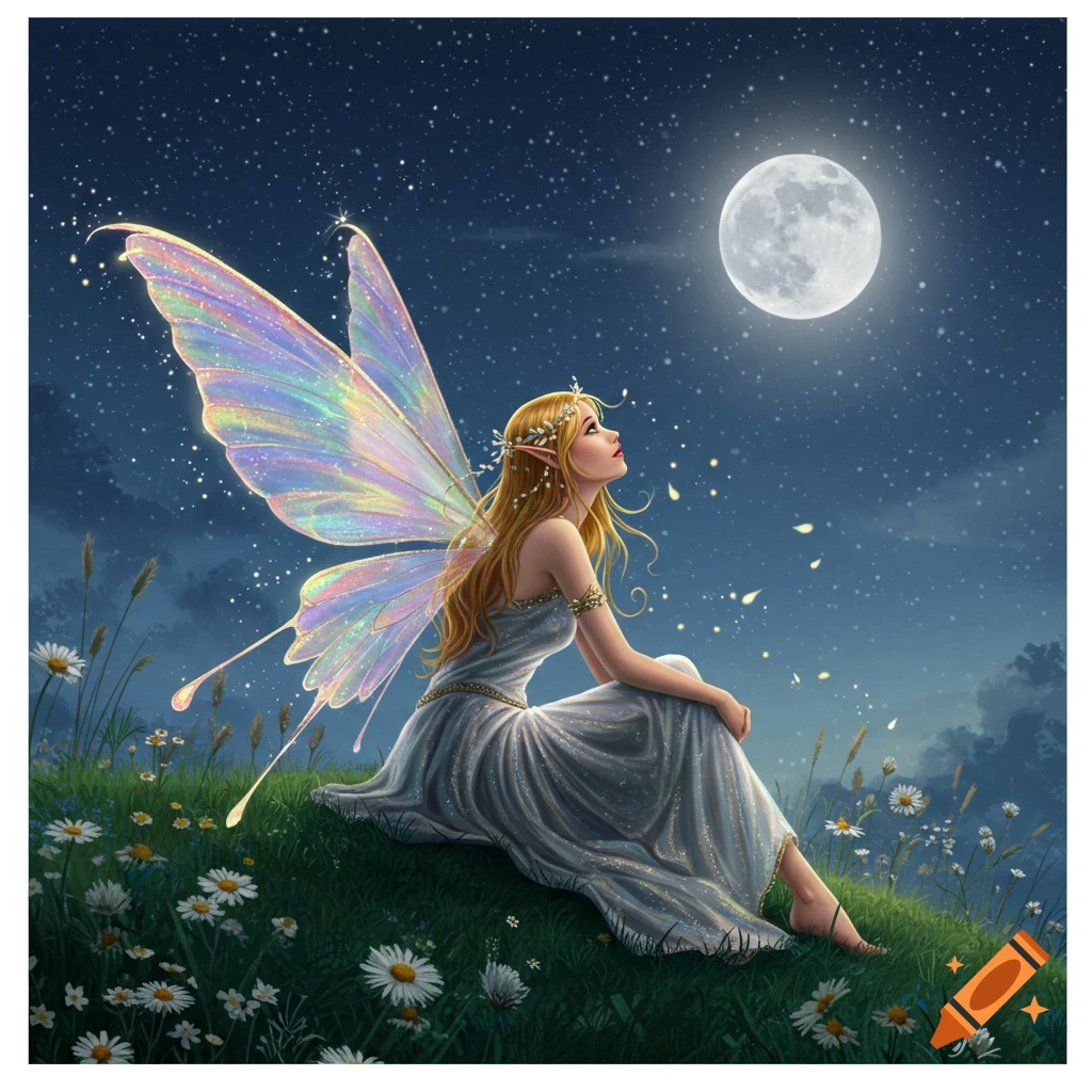 A beautiful fairy with iridescent wings sits on a grassy hill under a starry night sky, looking up at a bright full moon.