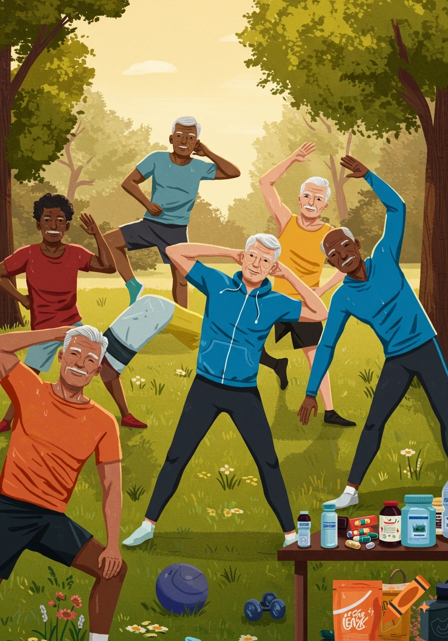 Illustration of a diverse group of senior men exercising outdoors in a park, with supplements and workout equipment on a nearby table.