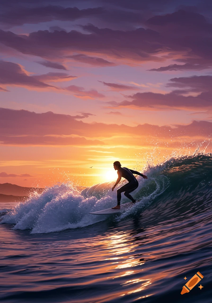 A silhouette of a surfer rides a large wave as the sun sets over the ocean, casting orange and purple light across the sky and water.