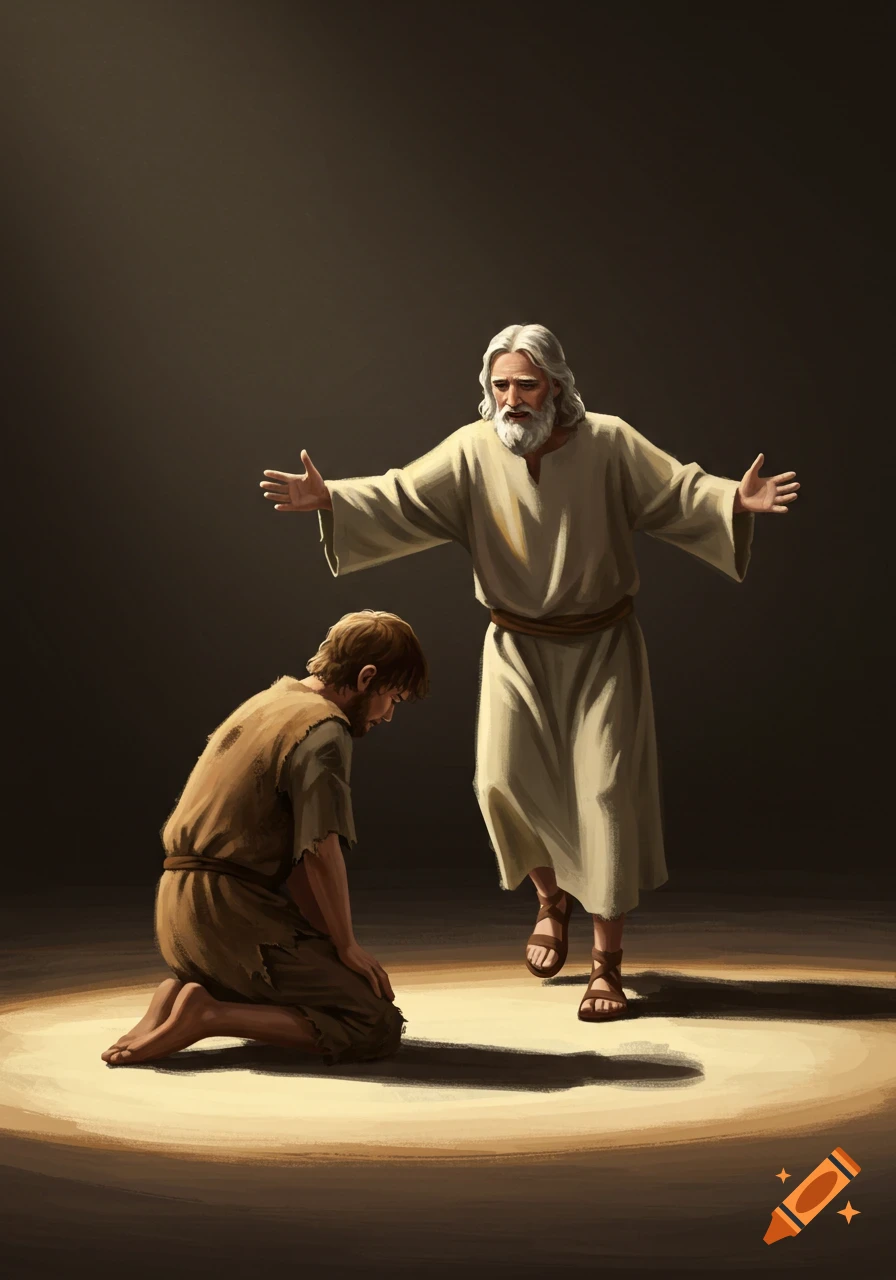 An old man in white robes with outstretched arms embraces a younger man kneeling in rags under a spotlight, in a dramatic painting style.