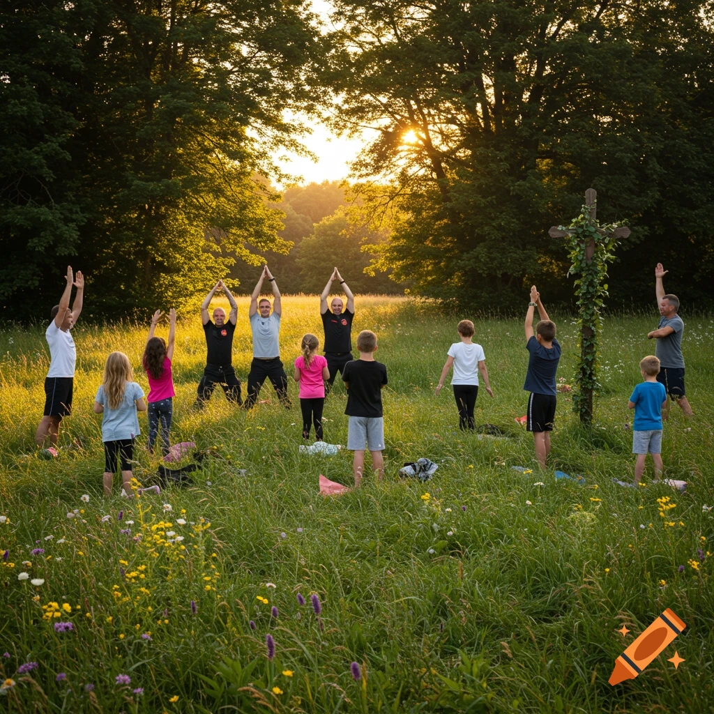 A diverse group of adults and children practice yoga in a sunlit grassy field with wildflowers and trees, near a vine-covered wooden cross.