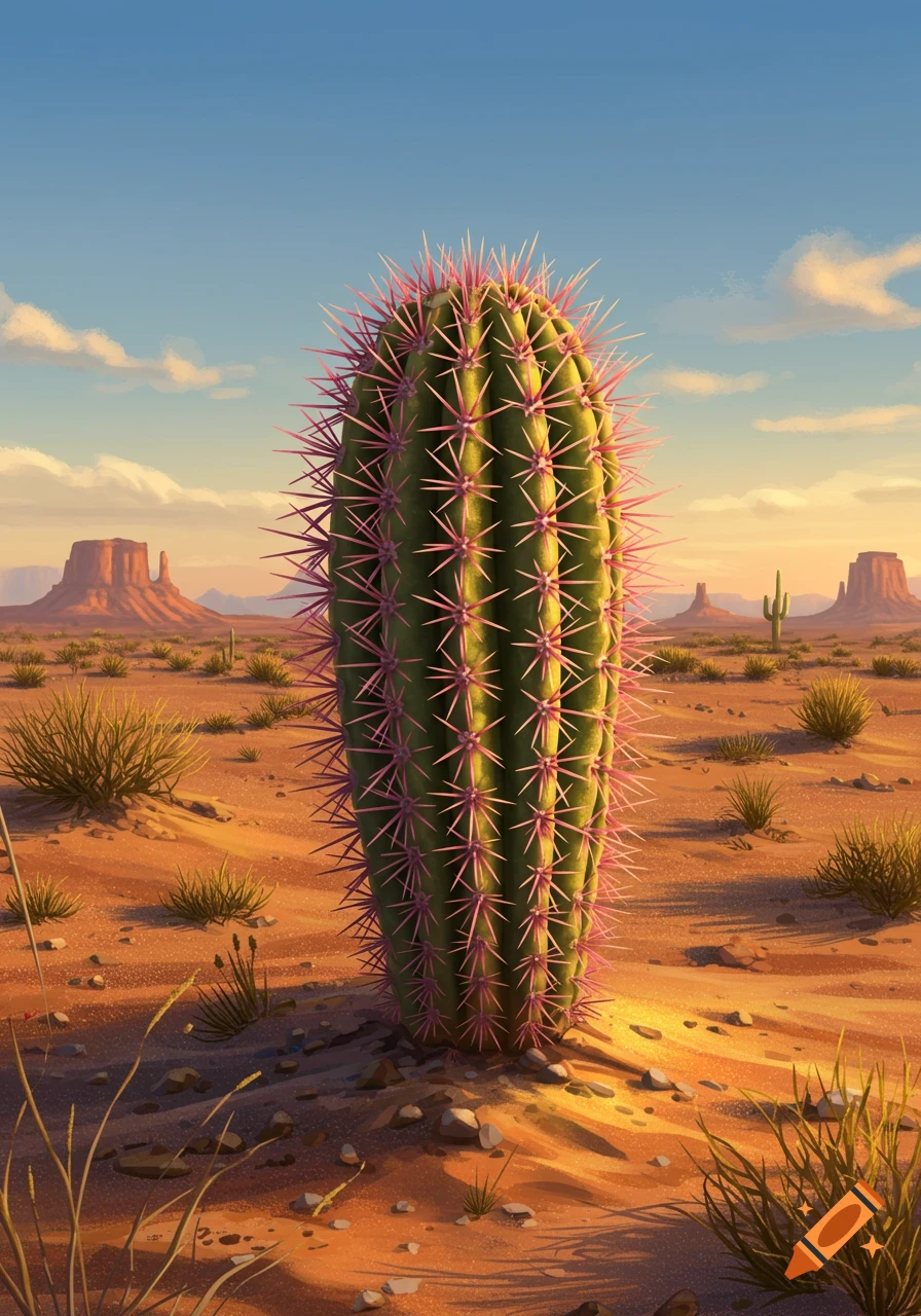 A large, green cactus with vibrant pink spines stands in the foreground of a stylized desert landscape with mesas.