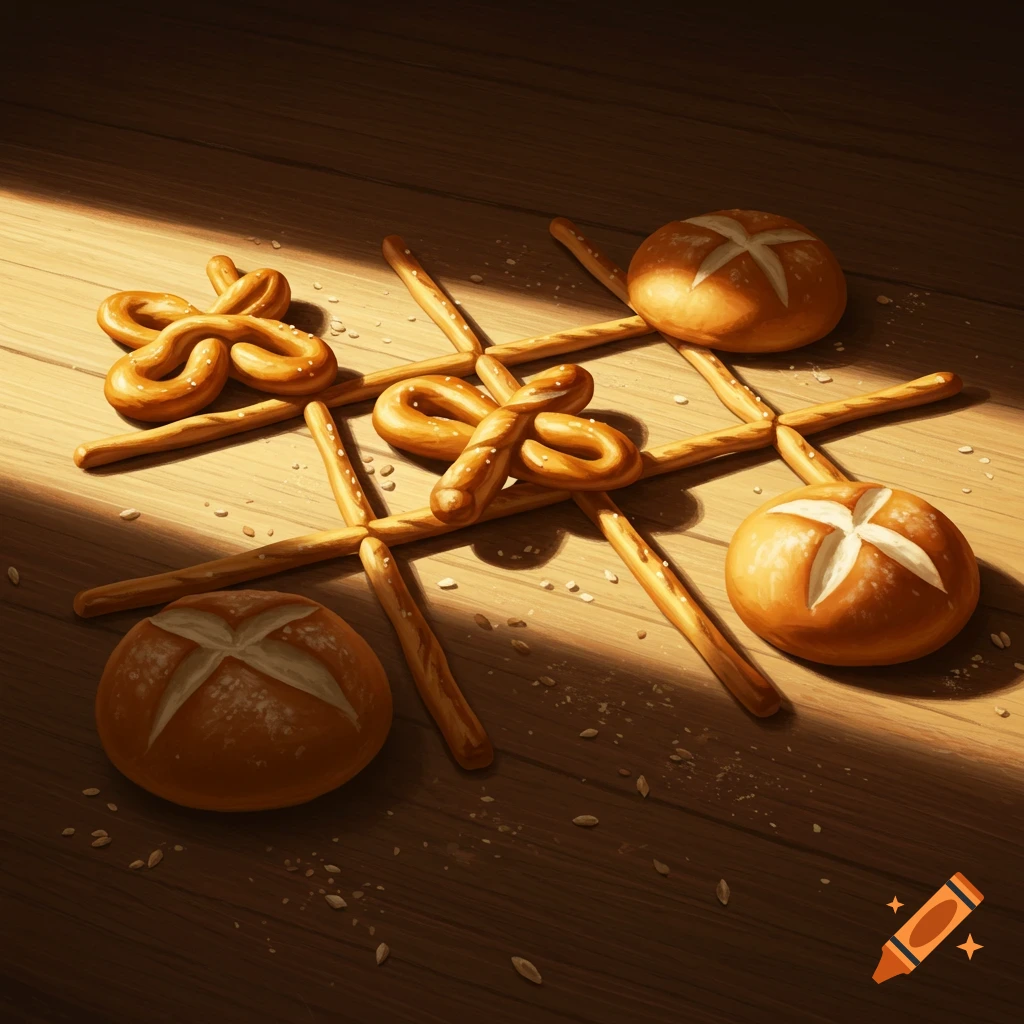 A tic-tac-toe game made of pretzels and bread rolls, arranged on a wooden table with scattered crumbs, illuminated by sunlight.