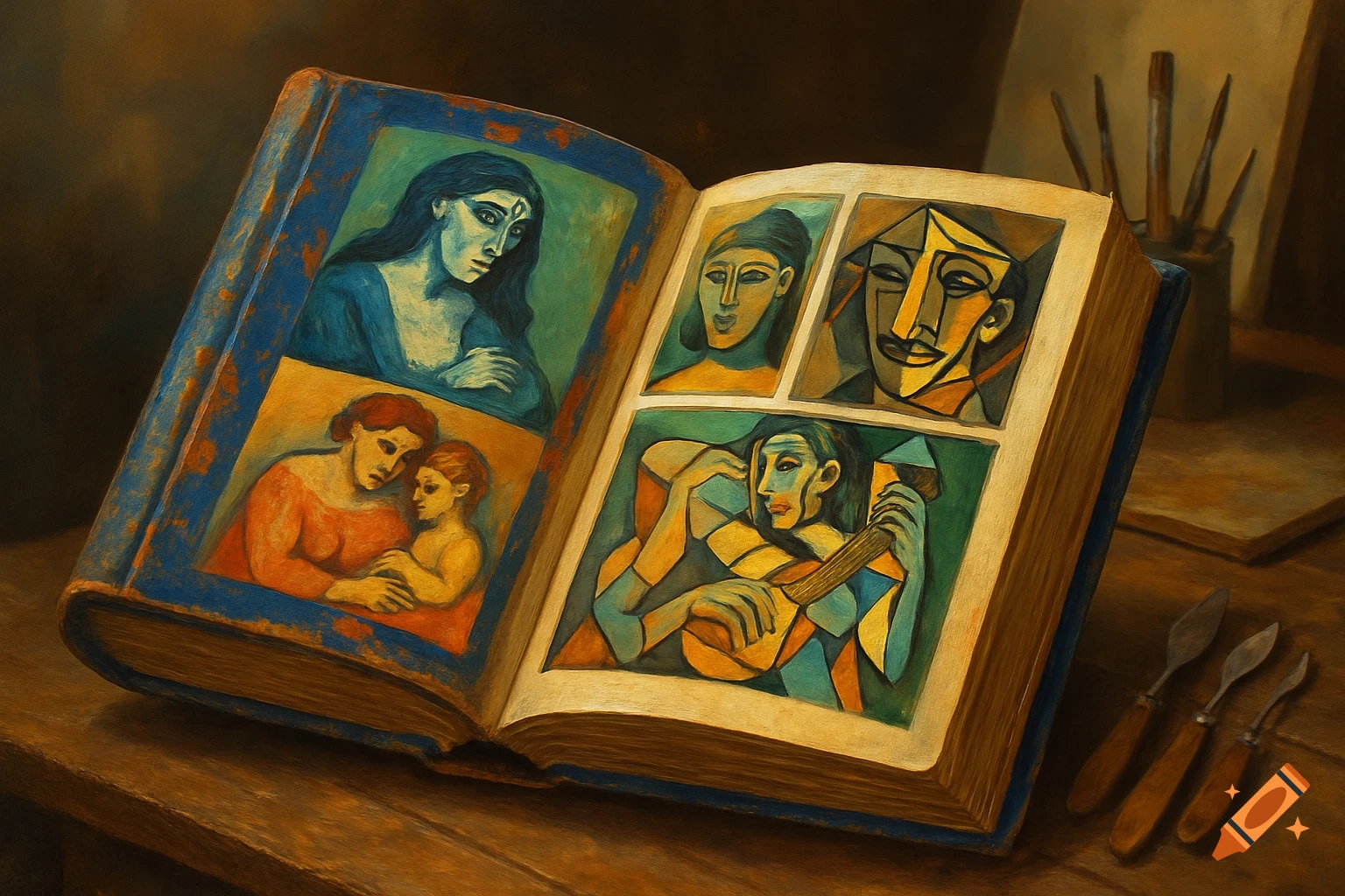 An open book on a wooden table displays colorful paintings in the style of Pablo Picasso, depicting portraits and figures. Artist tools are nearby.