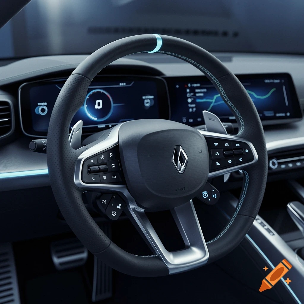 Close-up view of a modern car's steering wheel and dashboard with digital displays and blue ambient lighting.