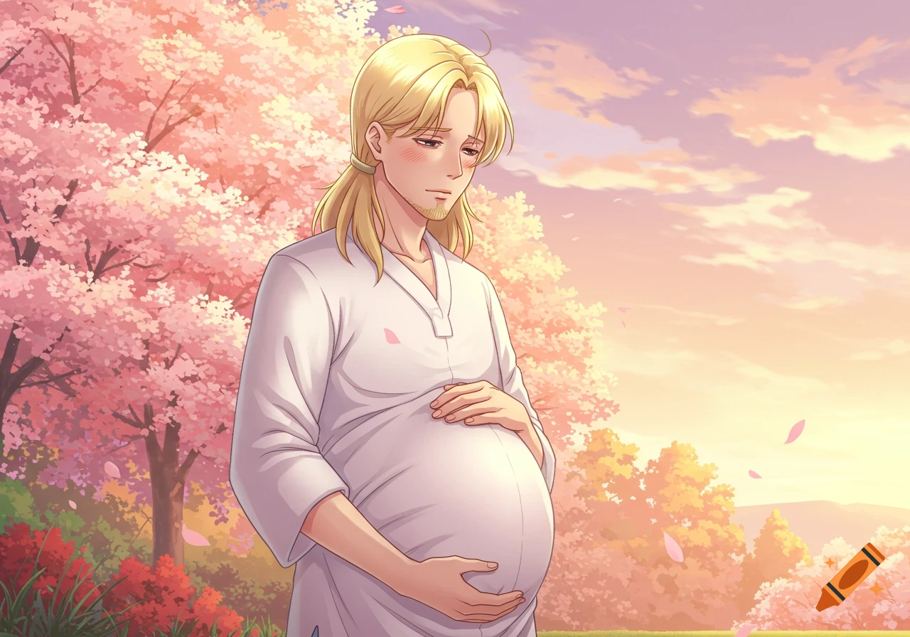 Anime style illustration of a tired blonde man with a beard, holding his pregnant belly in a cherry blossom garden at sunset.