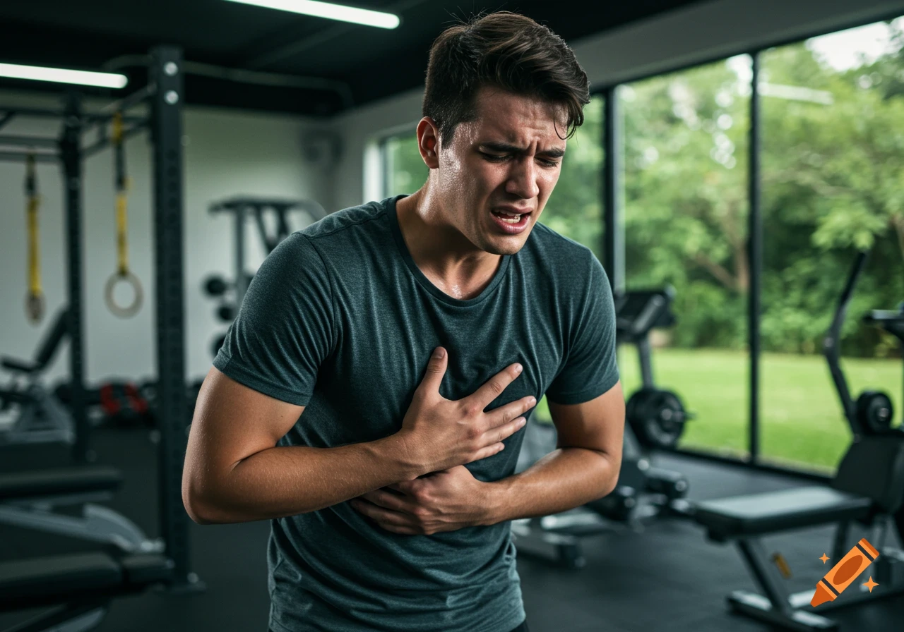 A young man in a gym clutches his chest and stomach, looking distressed and in pain after a workout.