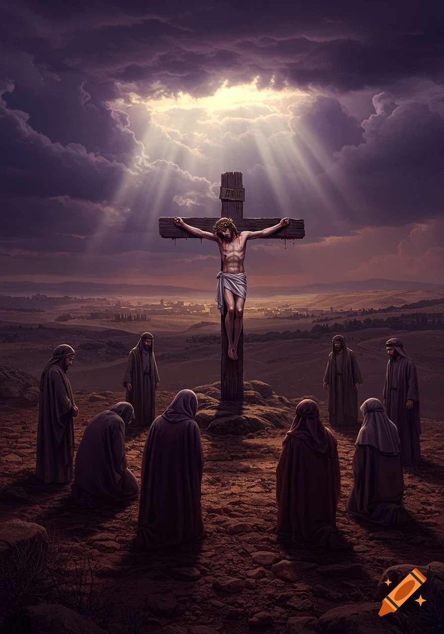Jesus Christ is crucified on a wooden cross on a hill at sunset, with beams of light shining through dramatic clouds. Several robed figures are gathered at the base of the cross, some kneeling in prayer, in a somber and reverent scene.