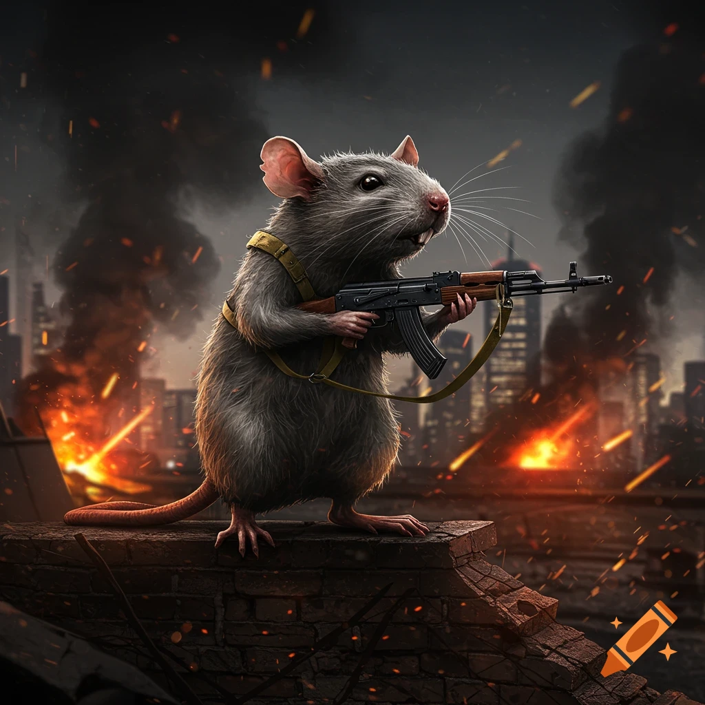 A bipedal gray rat in a harness stands on a destroyed wall, holding an AK-47 rifle against a backdrop of a burning city.