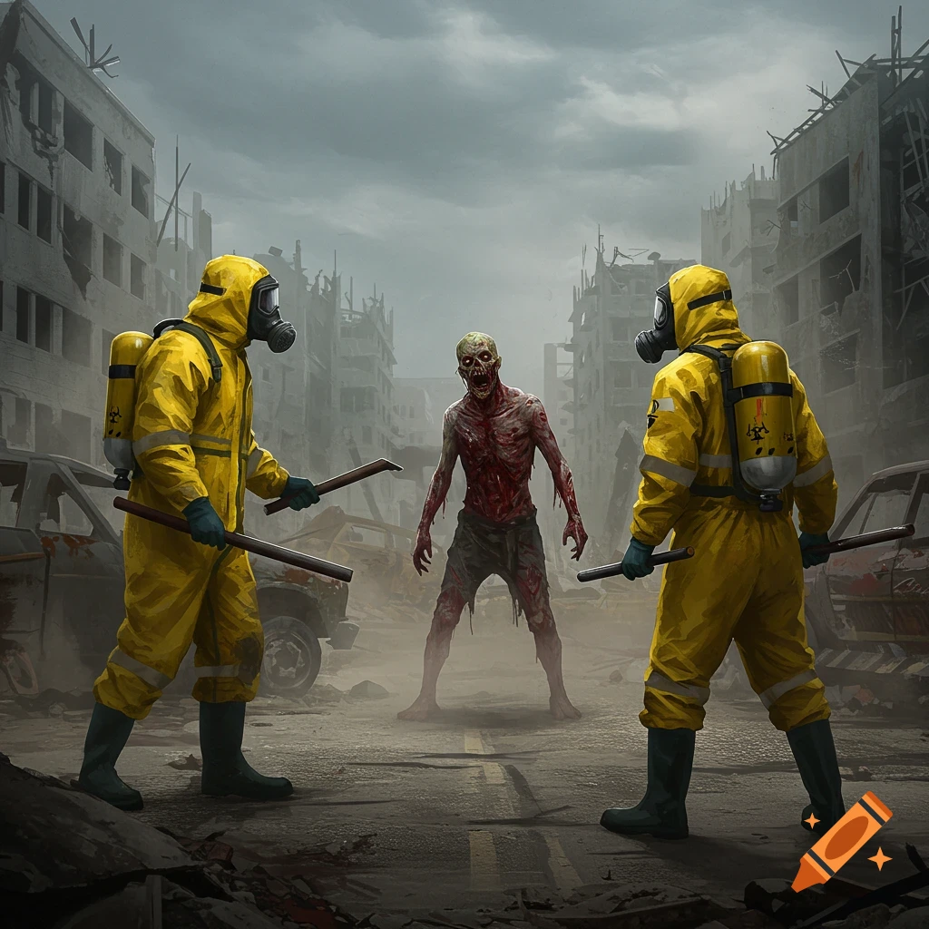 Two figures in yellow hazmat suits confront a bloody zombie in a desolate, ruined city under a cloudy sky.