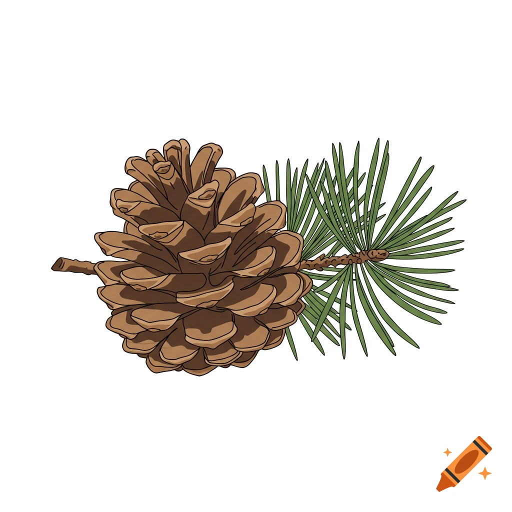 A clean, minimalist flat-color illustration of a brown pinecone with green pine needles on a white background.