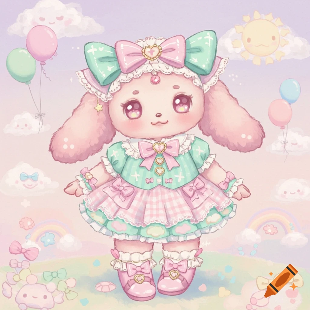 A cute pink Sanrio-style bunny character in a pastel ruffled dress, surrounded by whimsical clouds, balloons, and rainbows.