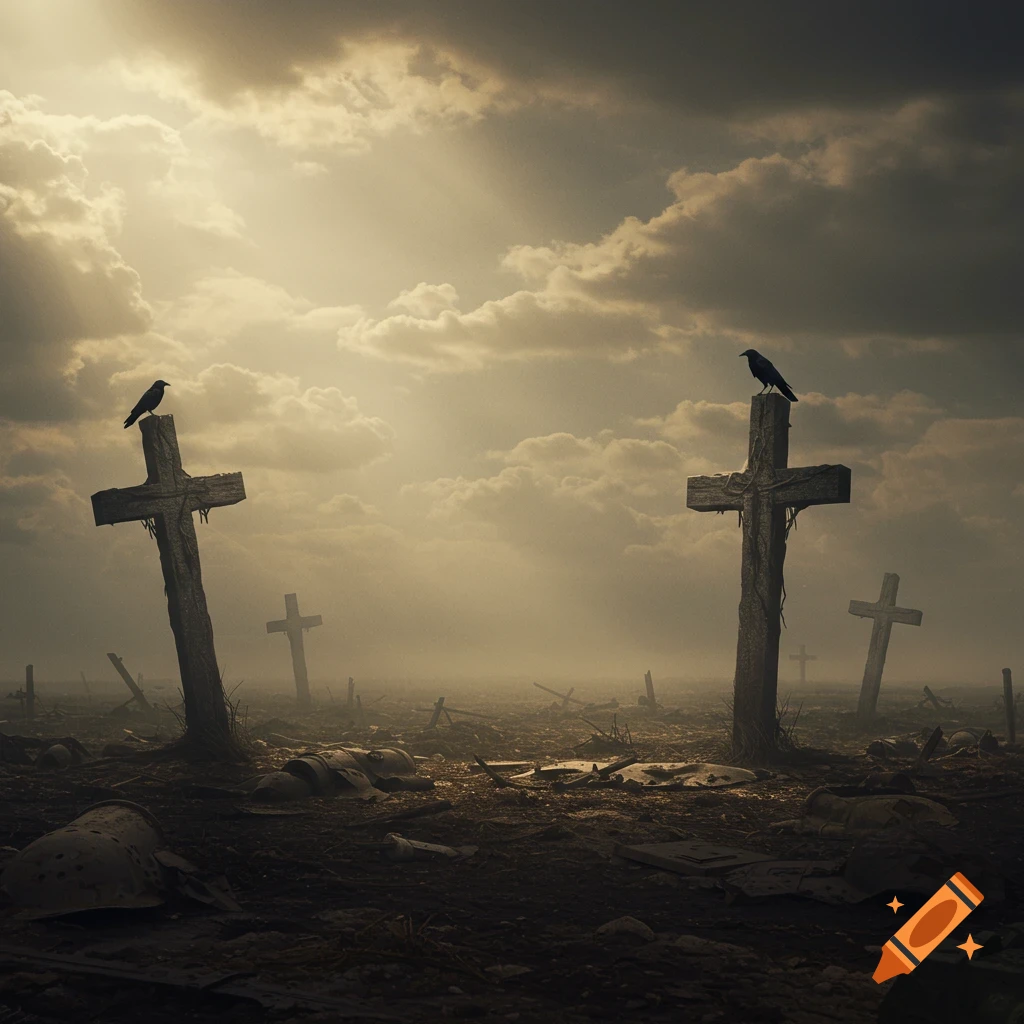 Two crows perch on large wooden crosses in a desolate, foggy battlefield under a cloudy sky with sun rays.