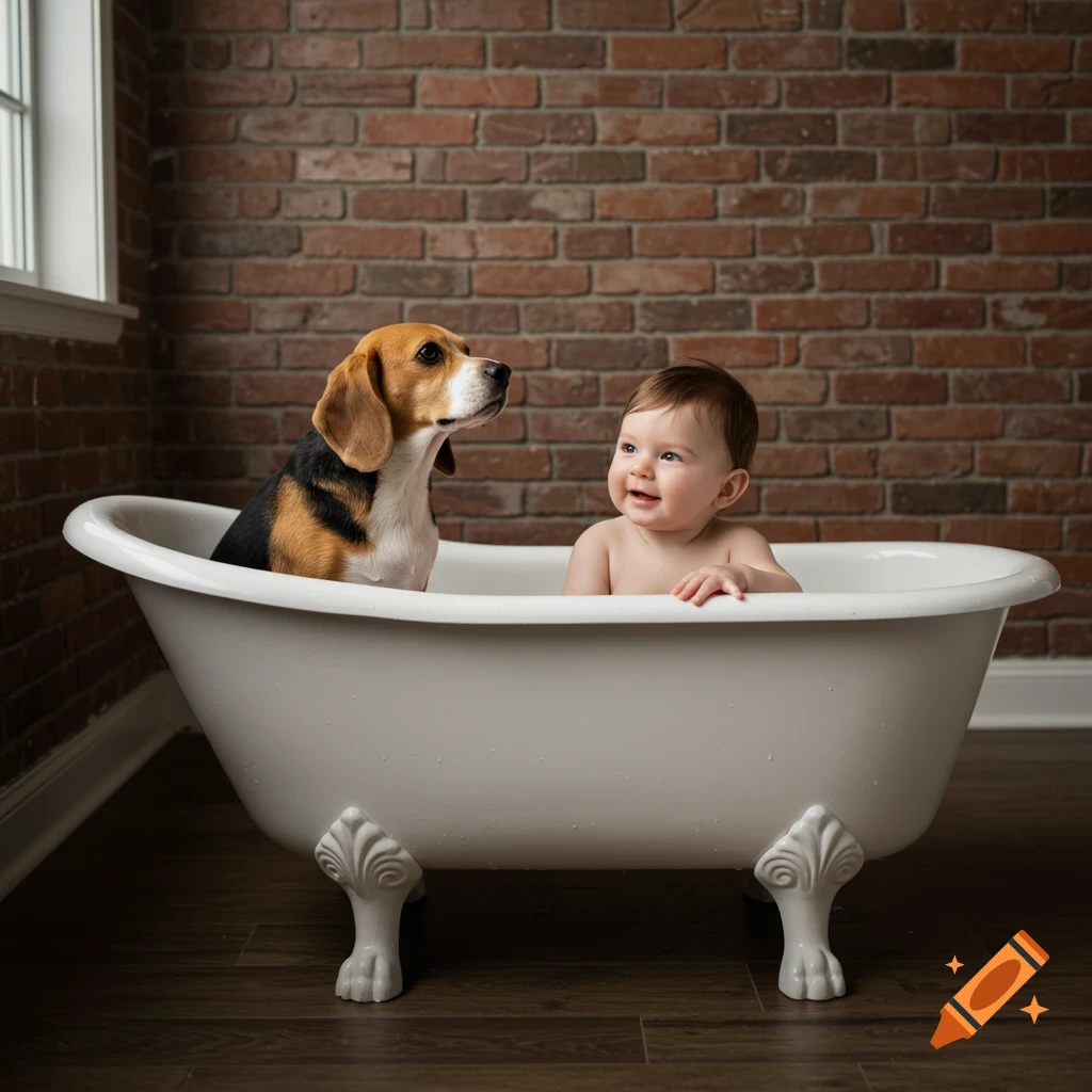 A smiling baby and a beagle dog sit in a white clawfoot bathtub against a brick wall.