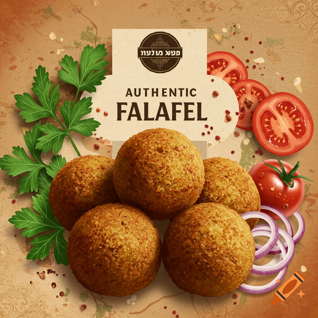 A top-down view of five golden-brown falafel balls, with fresh parsley, sliced tomatoes, a whole tomato, and red onion rings, on a textured background with 'AUTHENTIC FALAFEL' text.