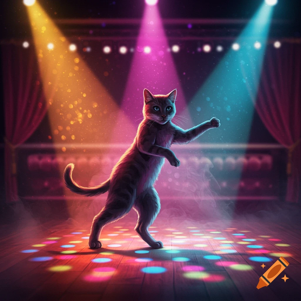 A tabby cat dances on a disco-lit stage with vibrant spotlights.