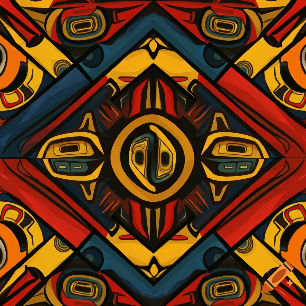 Abstract geometric pattern inspired by First Nations art with red, yellow, orange, black, and blue colors.