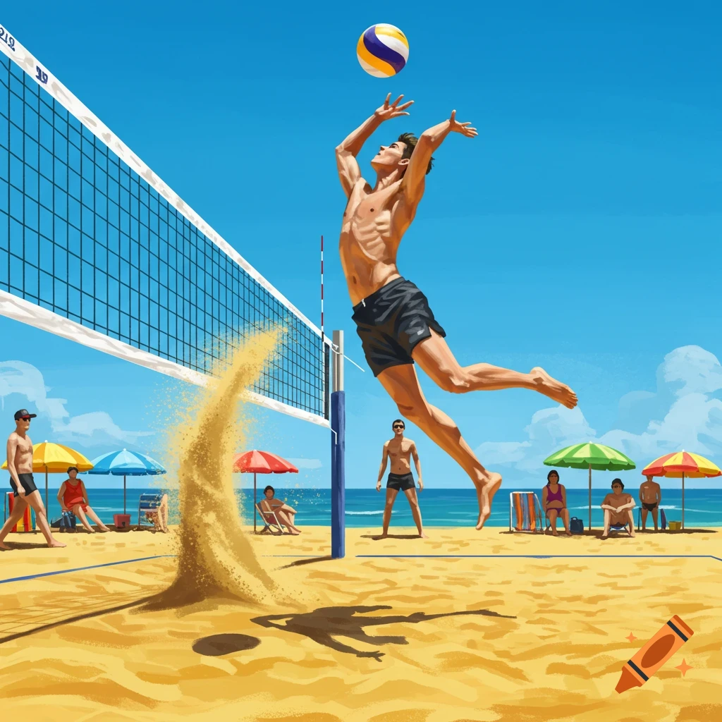 An illustration of a male volleyball player jumping to spike a ball over the net on a sunny beach, with other people and umbrellas.