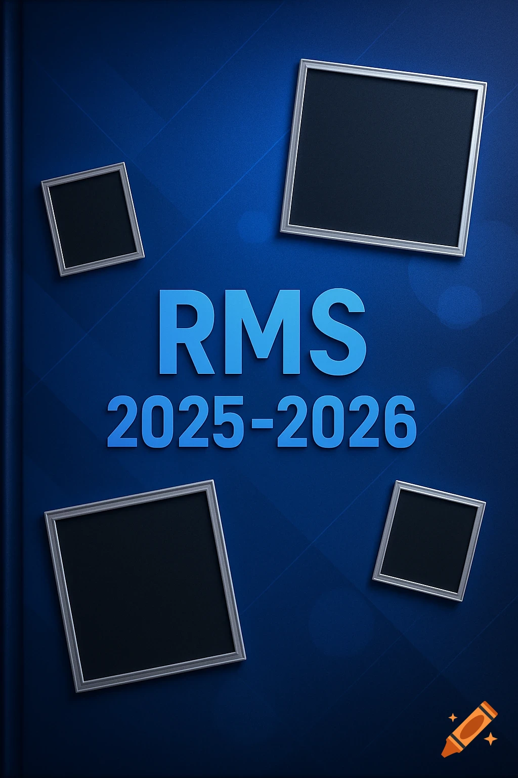 A royal blue yearbook cover design with 'RMS 2025-2026' text and four empty silver-framed photo slots.