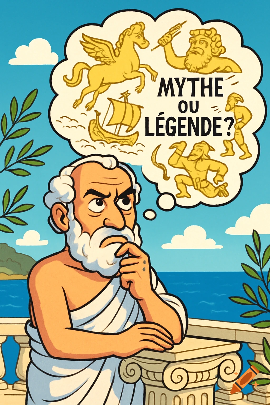 A cartoon ancient Greek philosopher in a toga and beard thinks about mythological figures like Pegasus and Poseidon, with text 'Myth or Legend?' in a thought bubble.