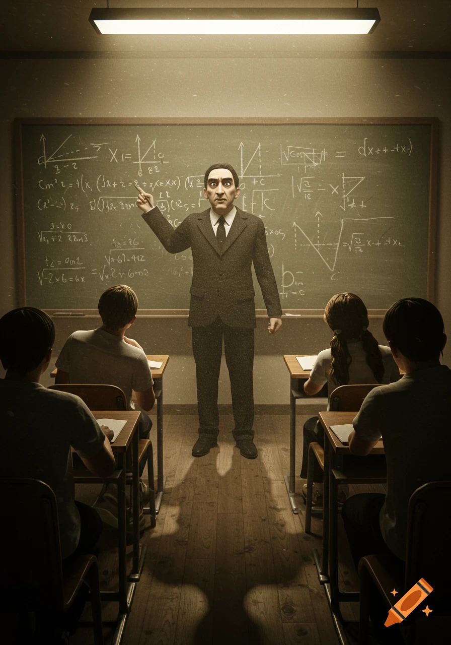 A stylized, menacing male math teacher points at a blackboard full of garbled equations, facing students in a dimly lit classroom.