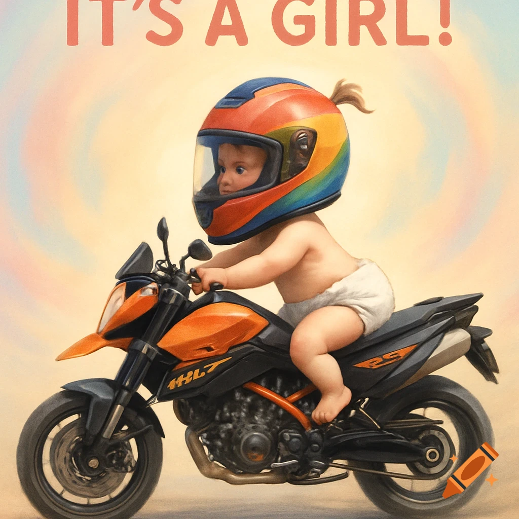 An illustrated baby girl in a diaper and rainbow helmet rides an orange and black motorcycle. Text at top says 'IT'S A GIRL!'.