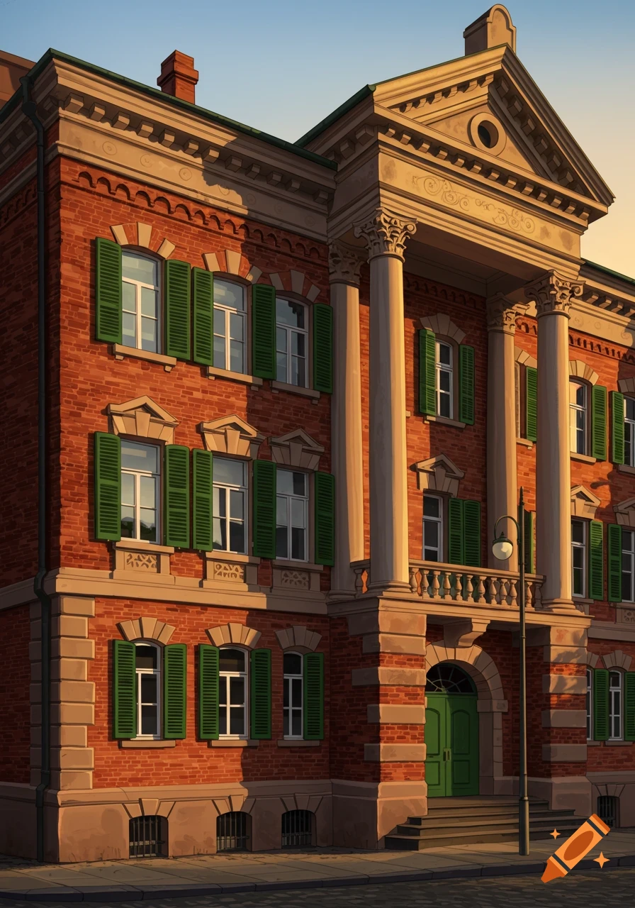 An illustrative brick building with green shutters, white columns, and a pediment, lit by golden hour sun.