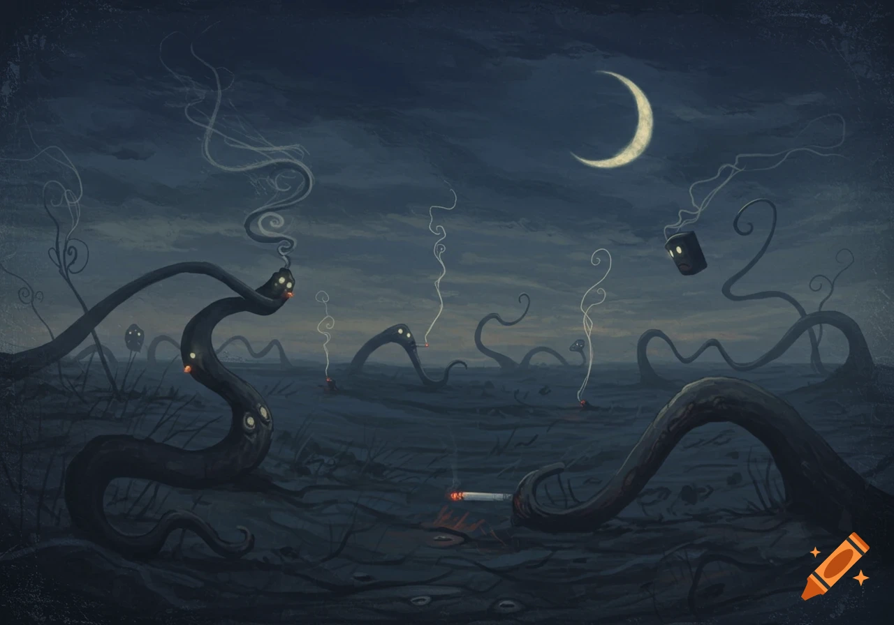 A dark, surreal painting of several worm-like creatures and a floating box creature smoking cigarettes under a crescent moon in a desolate, shadowy landscape.
