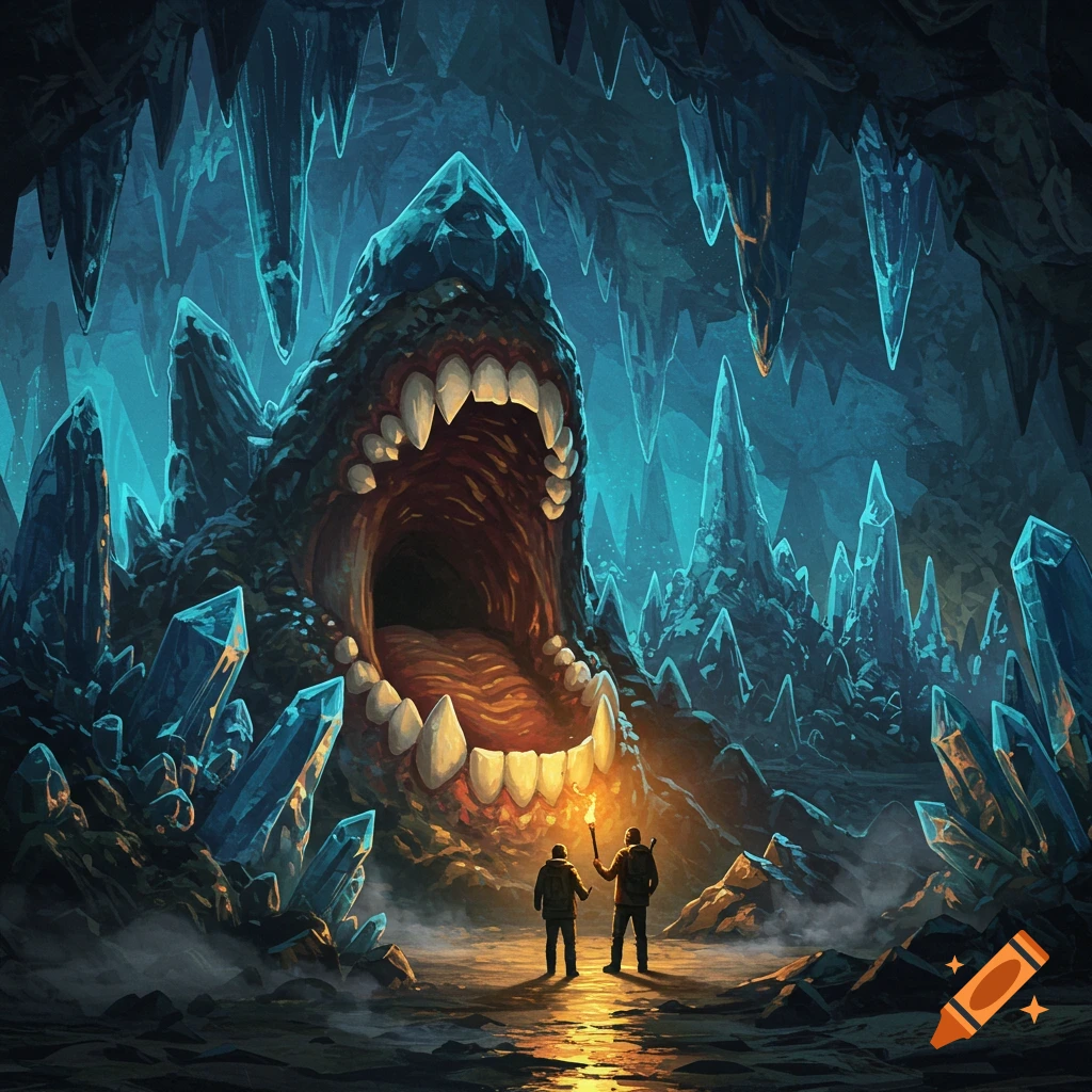 Two explorers with a torch stand before a massive cave opening resembling a monster's mouth with many sharp teeth, surrounded by glowing blue crystals in a dark cave, in a digital painting style.