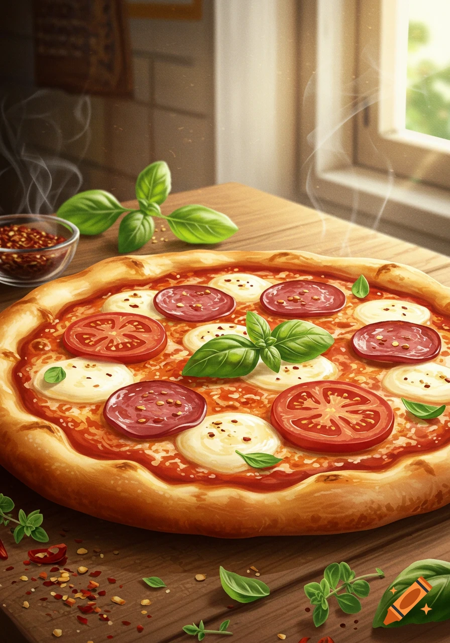 A freshly baked pizza with mozzarella, tomato, pepperoni, and basil, on a wooden table with chili flakes and basil leaves, steam rising.