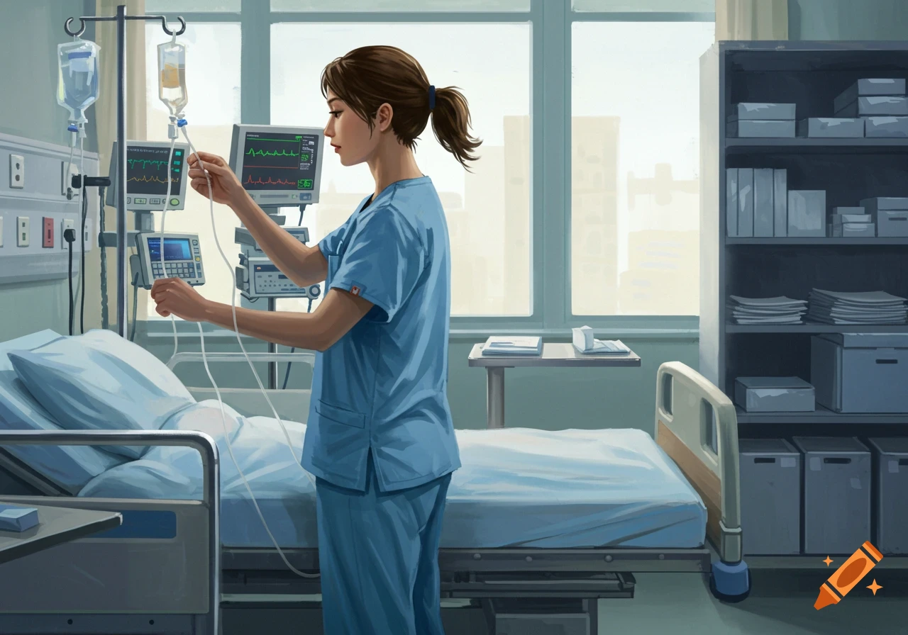 An illustration of a nurse in blue scrubs adjusting medical equipment in a hospital room.