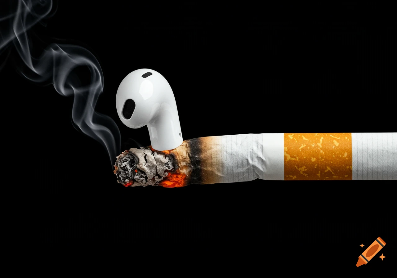A white earbud inserted into the burning, ash-covered end of a lit cigarette, with smoke rising on a black background.
