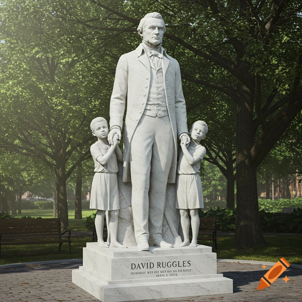 White marble statue of David Ruggles in a suit, holding hands with two small children, standing in a sunny park with trees and benches.