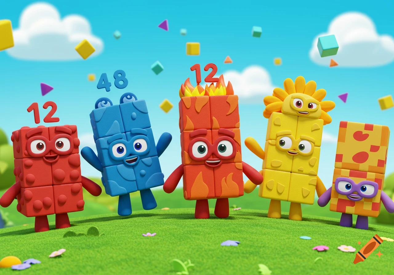 Five colorful Numberblocks characters, two red, one blue, and two yellow, stand on a green hill with a blue sky. Numbers "12" and "48" float above some of their heads.