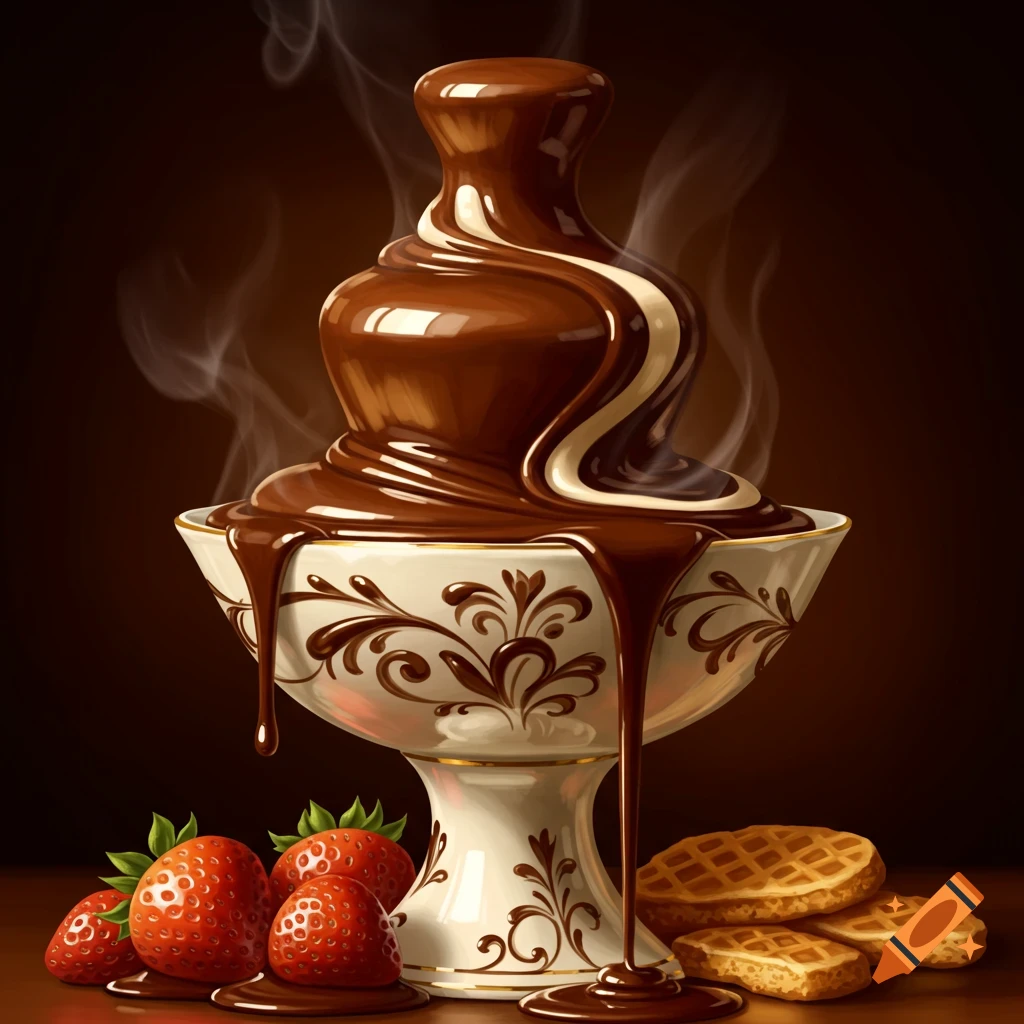 A photorealistic chocolate fountain with cream swirls, strawberries, and waffles on a dark background, emitting steam.